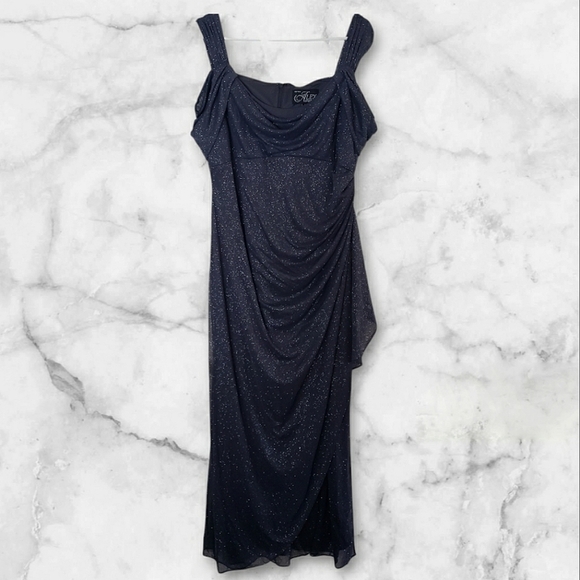 Alex Evenings Cold Shoulder Glitter Mesh Dress w/Draped Skirt,Cowl Neckline 16P - Picture 4 of 10
